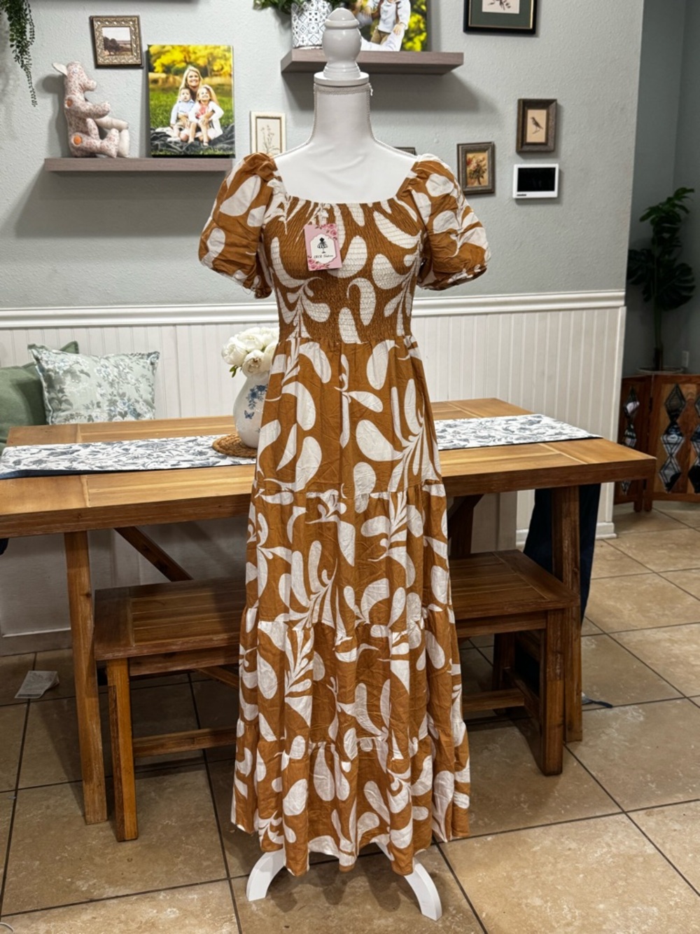 Smocked Puff-Sleeve Maxi Dress in Rust and White